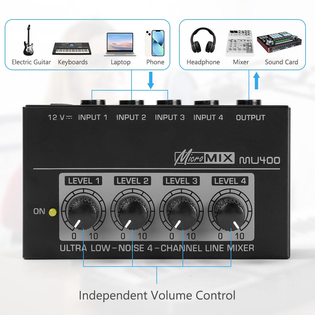 OFFCUP Mixer Audio, 4 Canali Mini Mixer Audio, Audio Mixer Portatile 4in1out, Mixer Basso Rumore per Microfoni Chitarre Bassi Tastiere e Mixer di Palco -Nero