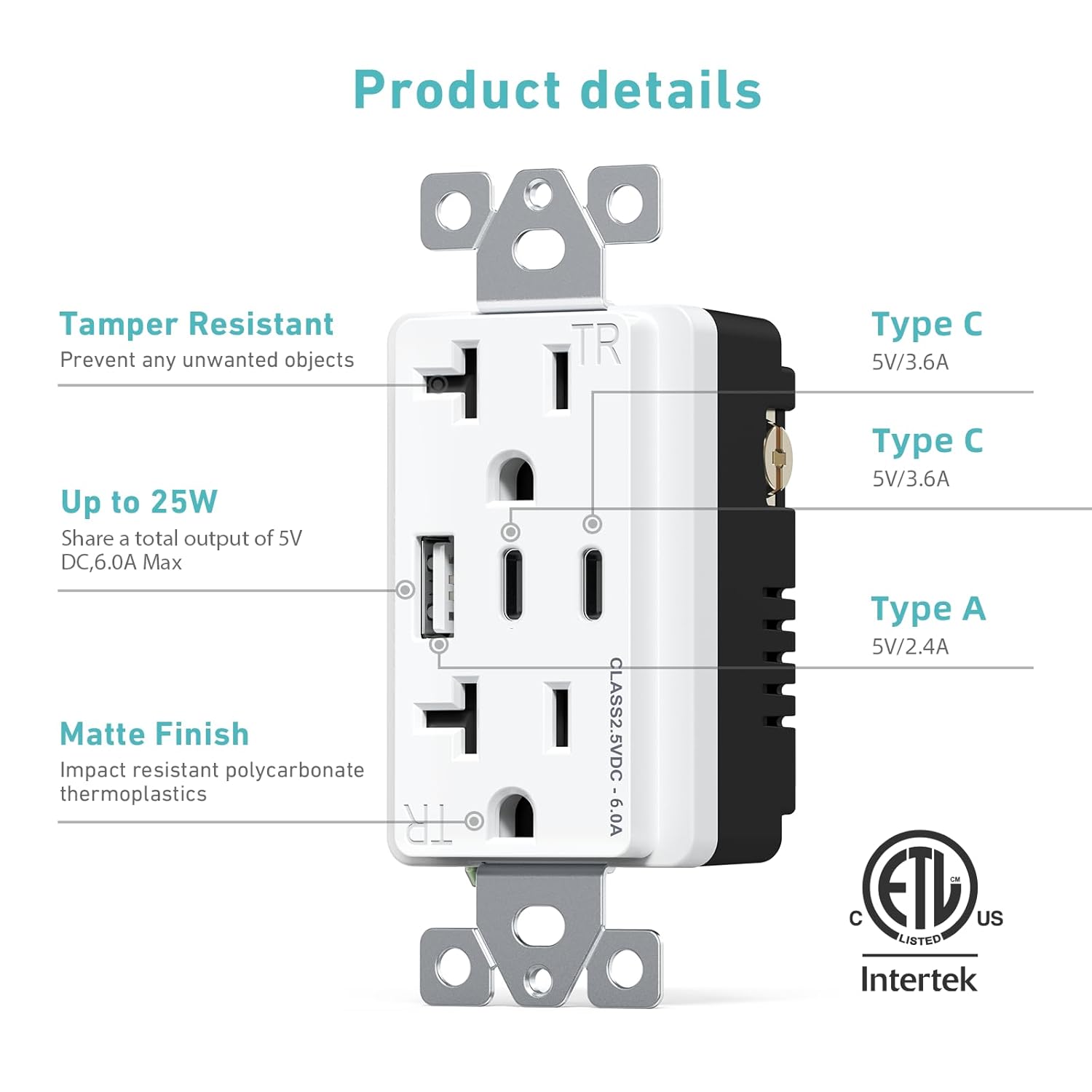 WEBANG USB Outlet, 6.0 Amp 3-Ports USB Wall Charger Outlet, 20A Duplex Tamper-Resistant Receptacle with 2 USB C Ports, Screwless Wall Plate Included, ETL Listed, Matte White, 2 Pack