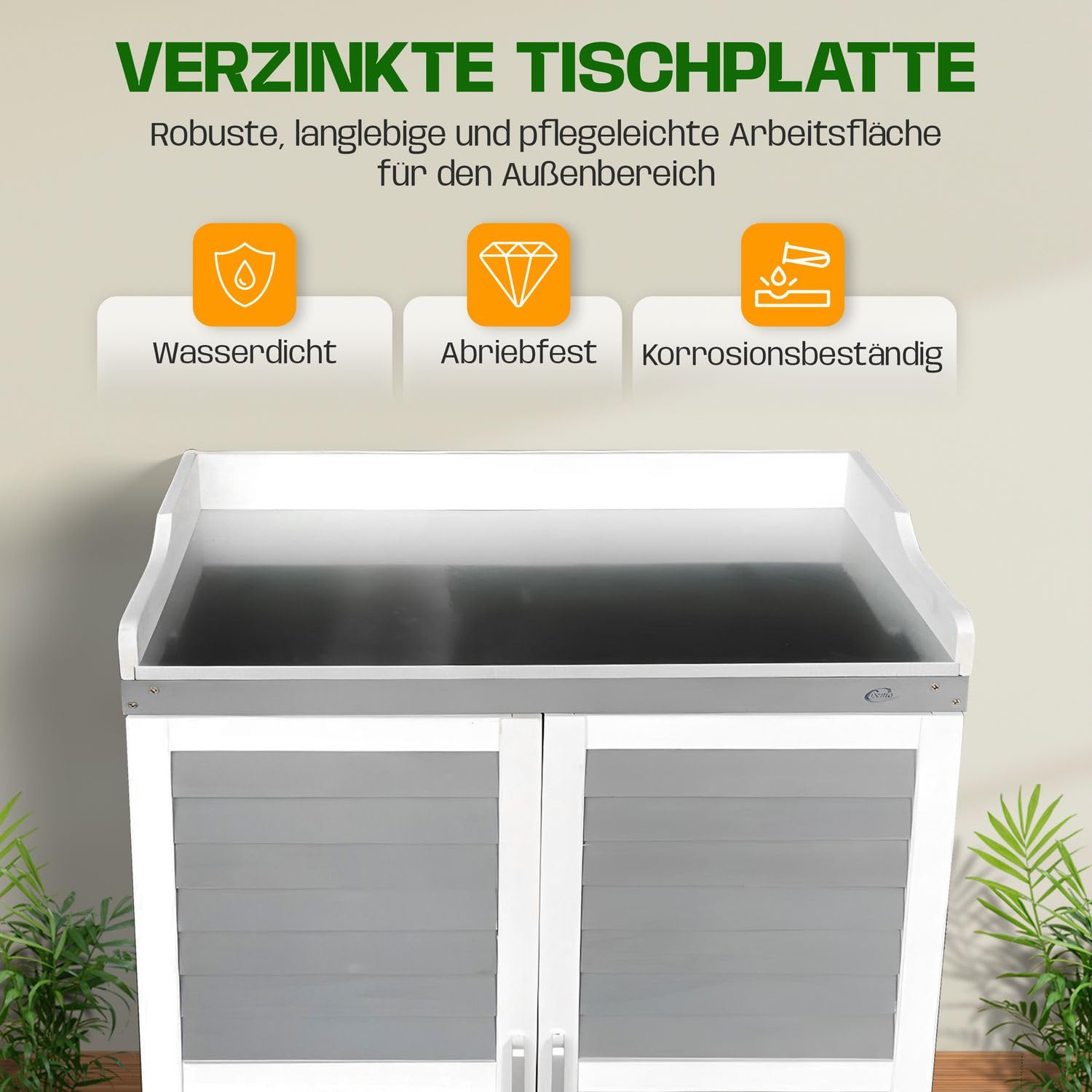 Gartenschrank Lola Grau 67x46x98 cm - Pflanztisch mit Stauraum, Geräteschrank mit verzinkter Arbeitsplatte, aufrollbare Wände, 1 Einlegeboden, Flexibler Schrank für Garten, Balkon & Terrasse
