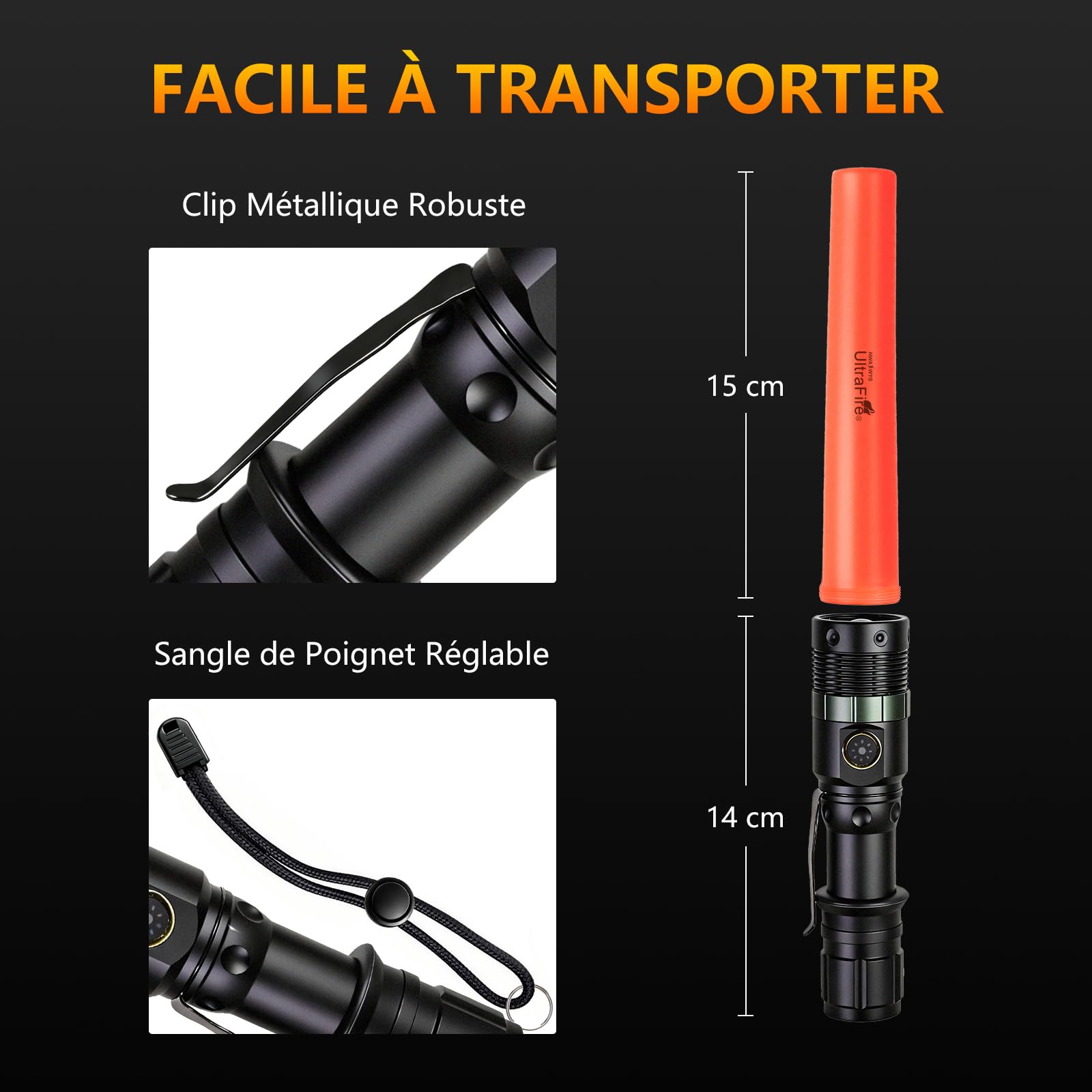UltraFire Lot de 2 lampes de poche LED rechargeables, 500 lumens, signal zoomable, 3 modes, USB-C, pour contrôle de la circulation, aéroport, camping, urgence, UF-303X