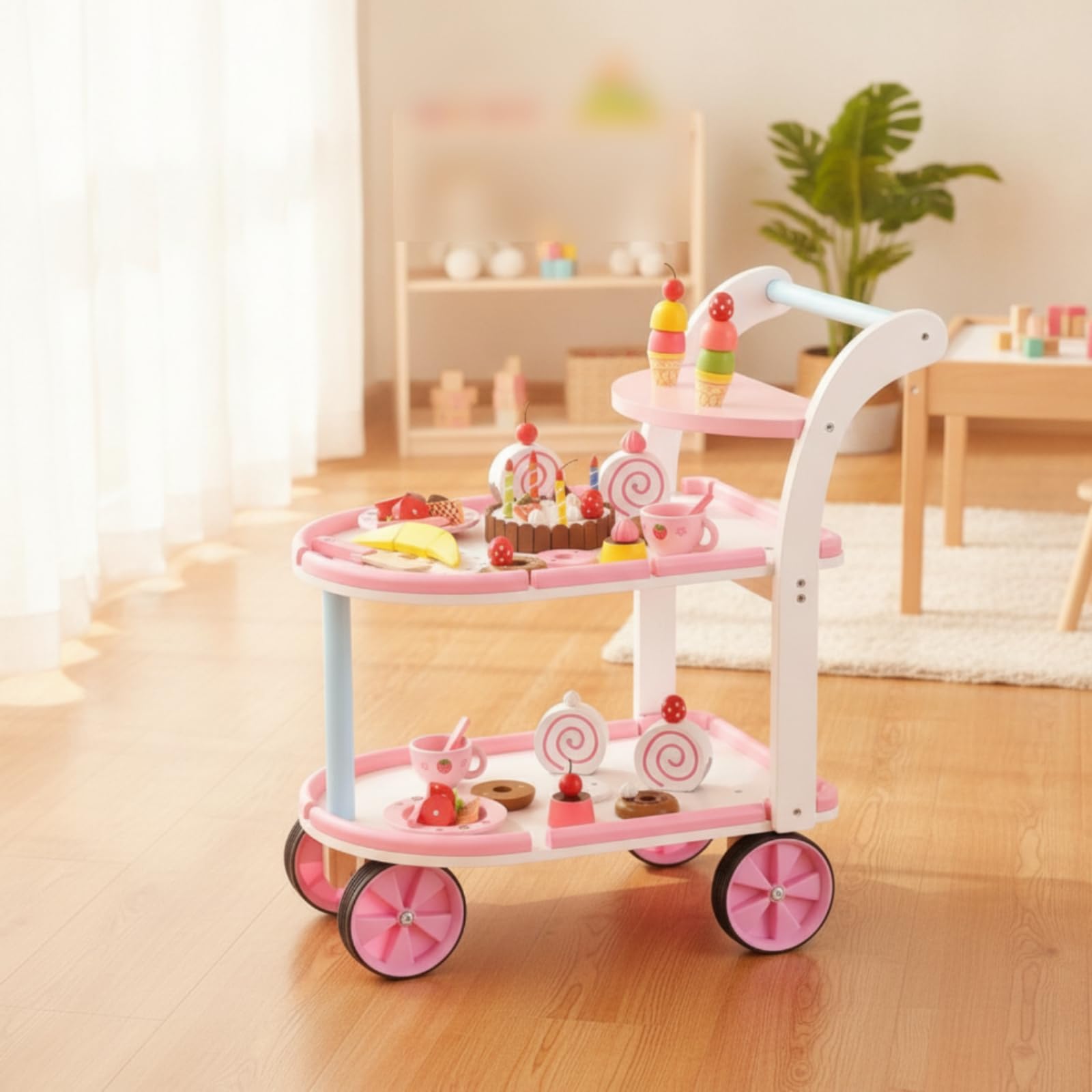 Carrello Pasticceria Bambini Giocattolo Cucina Carrello Dessert Banco Ruote Maniglia in Legno Finto Gioco Servizio Dolce con Ripiani Materiale Legno