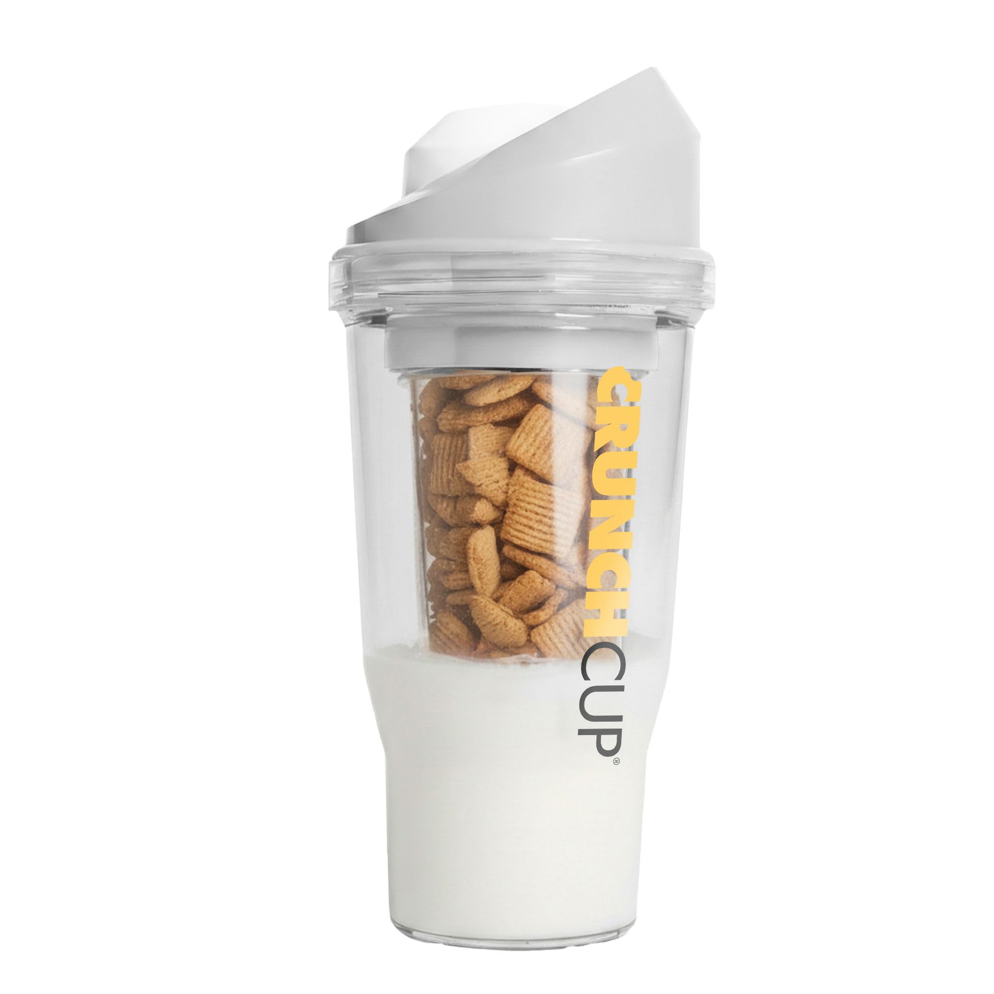CRUNCHCUP Original Tragbarer Müslibecher To Go 260 + 250 ml für das gesunde Frühstück unterwegs, kein Löffel oder Schüssel nötig, für Müsli Milch Trinkjoghurt Proteinshake, Erwachsene Kinder, Weiß
