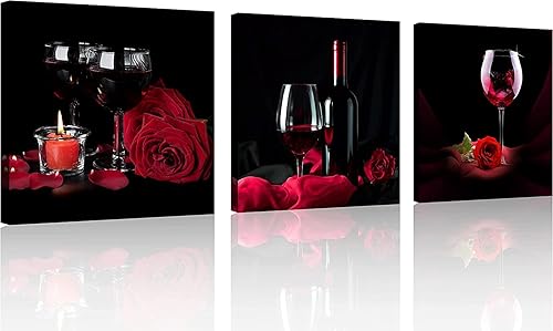 OWNANRTHM Arte de pared de vino, imágenes de vino, lienzo de vino tinto, arte de pared, copa de vino y rosa, imagen impresa en lienzo para sala de