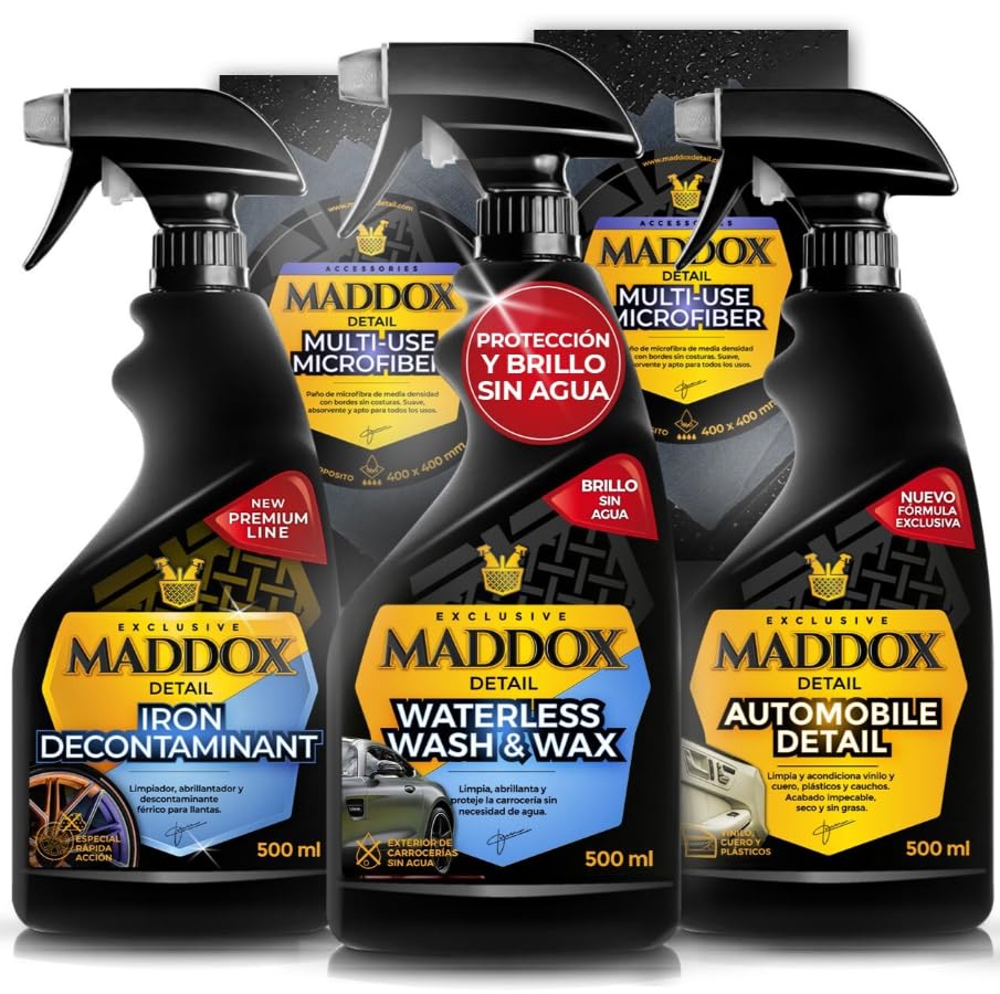 Maddox Detail - Pack de Cuidado Integral | Waterless Wash & Wax, Iron Decontaminant, Automobile Detail y Microfiber (2) | Limpieza y Protección Completa | Alta Eficiencia y Fácil Aplicación 3x500ml