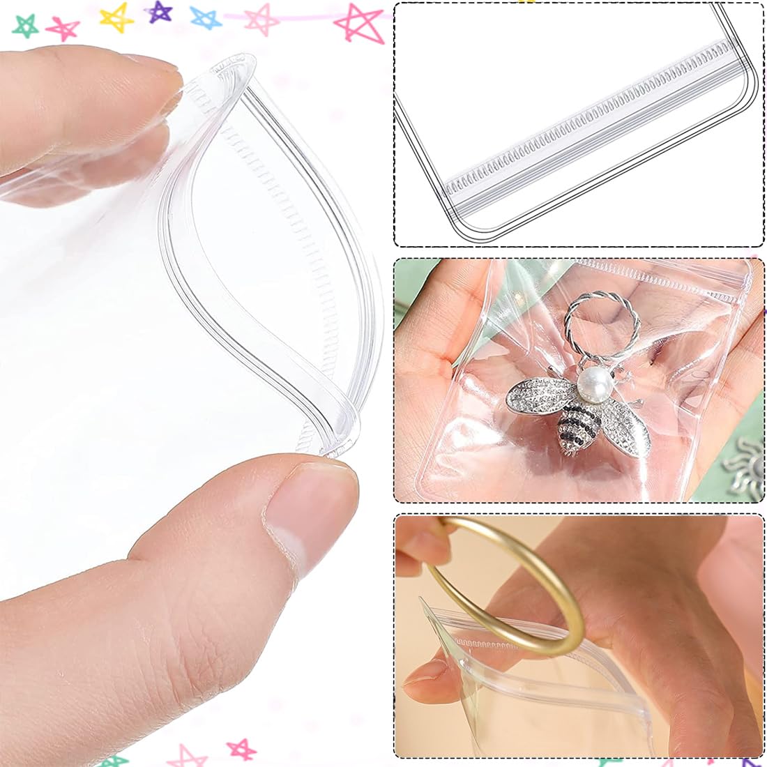 100 szt. Małe plastikowe woreczki, wielokrotnego użytku Mini Zamek błyskawiczny, Samouszczelniające wodoodporne woreczki na biżuterię, przezroczyste plastikowe woreczki na pierścionki (5