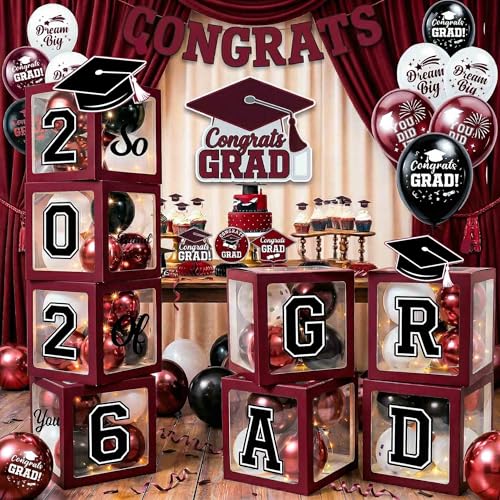 Graduation Decorations Class of 2026 Maroon Balloon Boxes and Arch Garland Kit for High School & College Congrats Grad Party Table Decorations with 4 String Lights 2026 GRAD So Proud of You Letters
