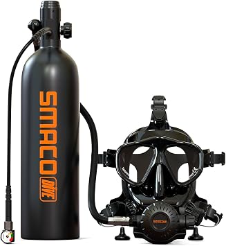 SMACO Mini Scuba Tank with Full Face Diving Mask,Reusable Lung Air Tank Sub Mask S700 Plus 1.9L Portable Mini Diving Tank Pony Bottle for Underwater Exploration Boat Cleaning Pool Inspections Rescue