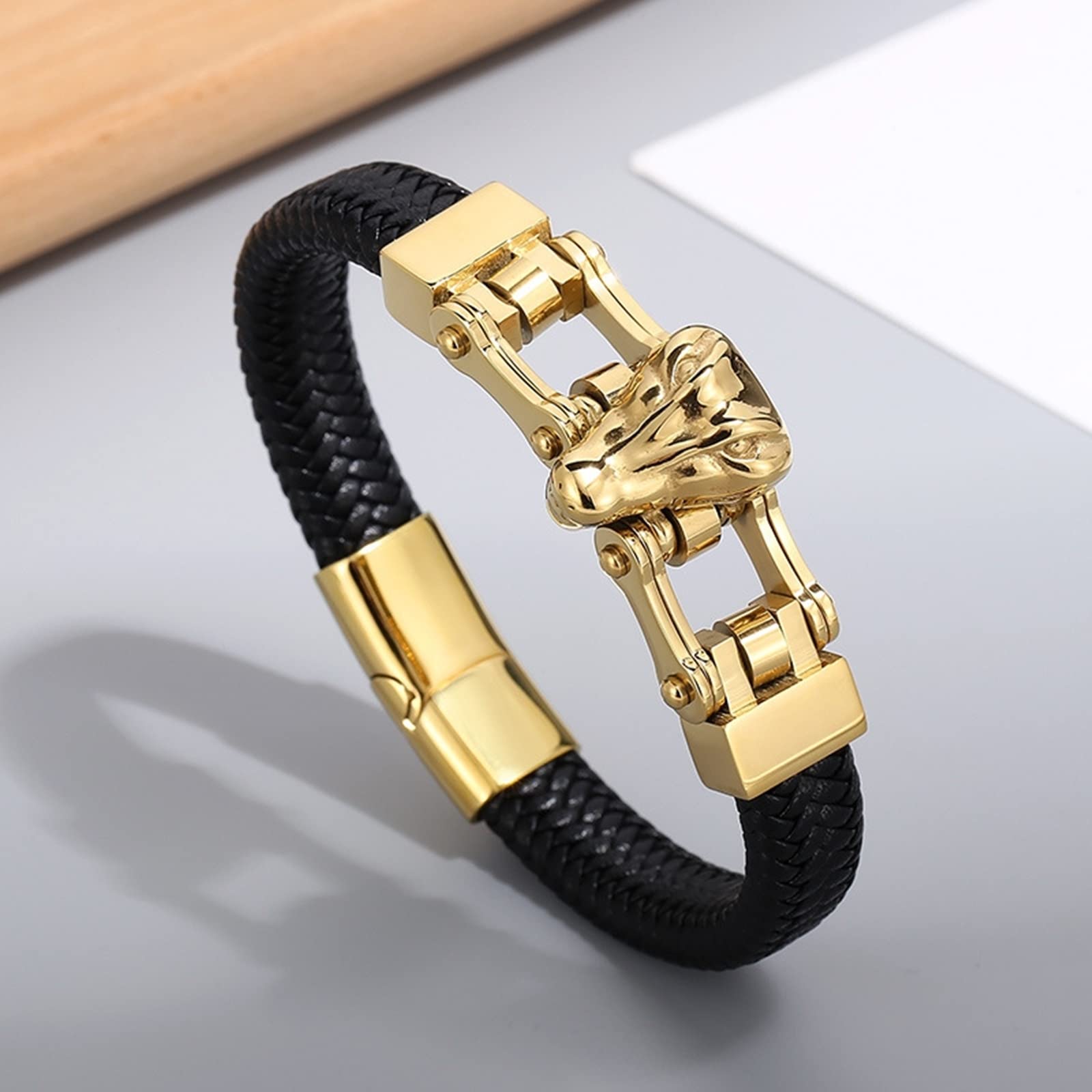 Bracelet pour Homme Saint Valentin, Bracelet Or Noir Acier Inoxydable Cuir Tressage de Panier Crocodile Promettre Cadeau Bijoux Homme 21cmx12mm