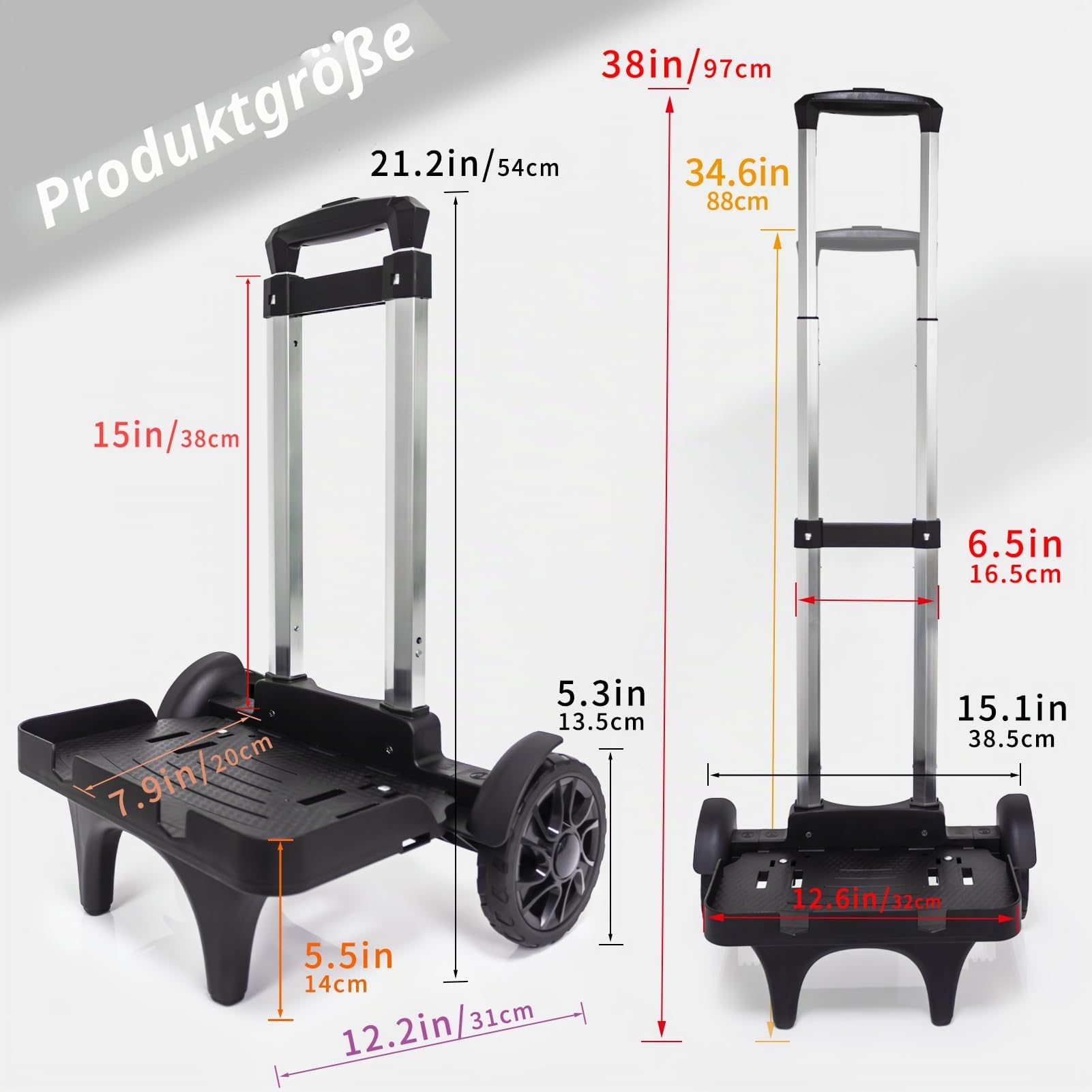 Faltbarer Rucksackwagen aus Aluminium mit großen Rädern, Stabiler Gepäckwagen mit Kantenschutz, Transportwagen für Rucksack, Laptoptasche, Einkaufstasche & Reisen, leicht & tragbar