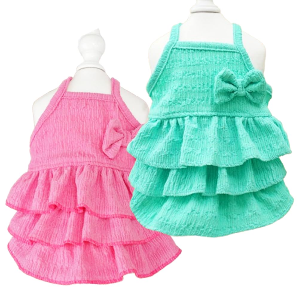 Anelekor 2 Pack Summer Dog Dresses with Bow Girl Puppy Clothes for Small Dog Spring Cat Outfit Sleeveless Pet Tiered Layered Cake Dress for Kitten