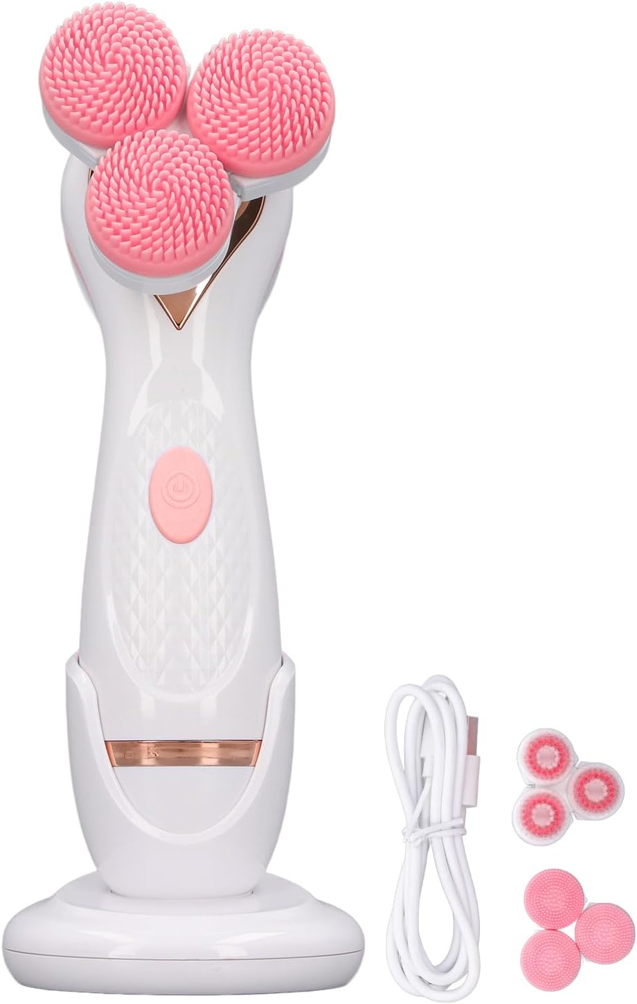Electric Facial Scrub, Deep Cleansing Silicone 3 Head Massages 360 Degree Rotation Facial Cleansing Brush Multifunctional for Home Facial Care (Pink)