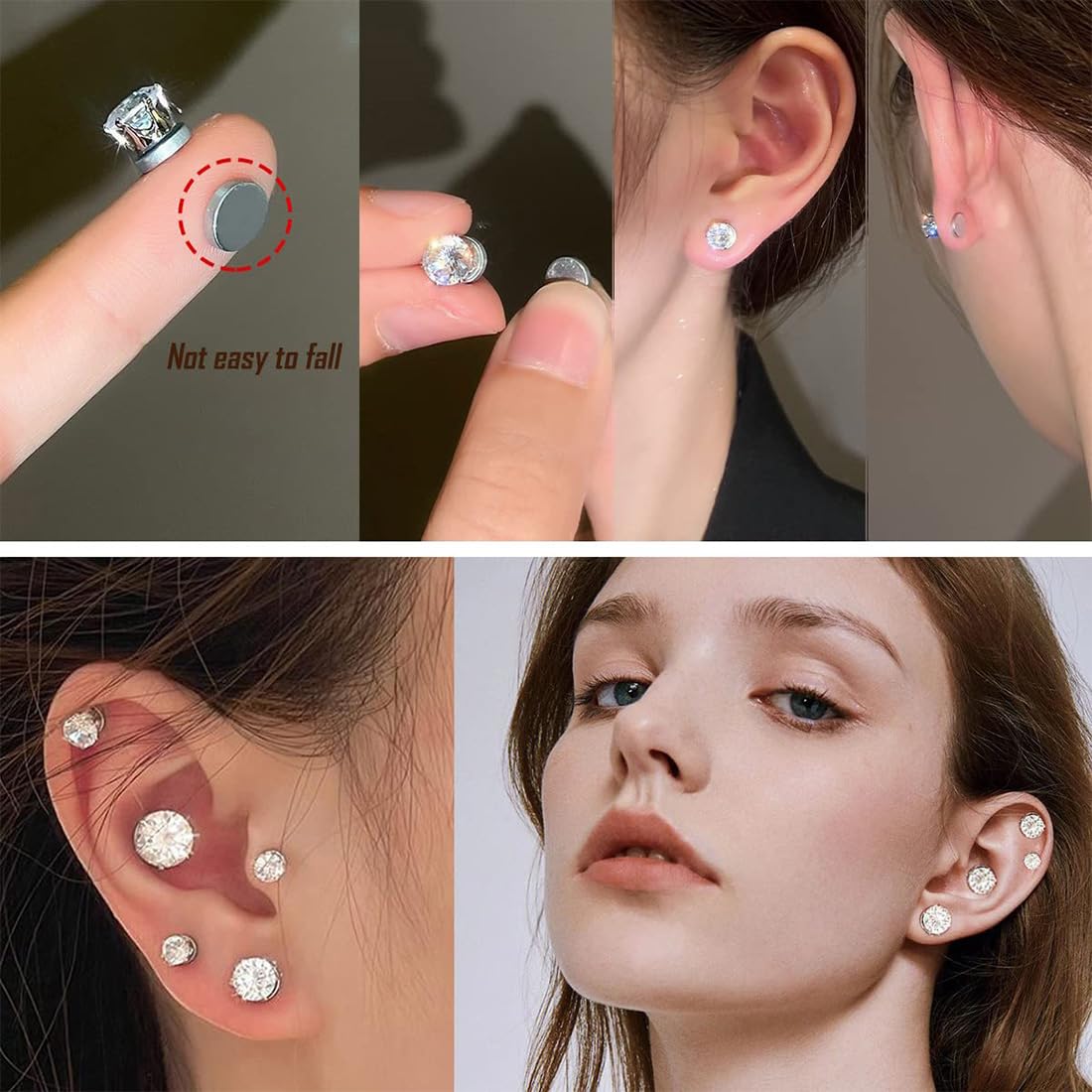 3 pary magnetycznych kolczyków ze stali nierdzewnej dla mężczyzn i kobiet unisex bez przekłuwania fałszywych magnesów zestaw kolczyków, 5/6/7 mm, srebrny, M, Stal nierdzewna