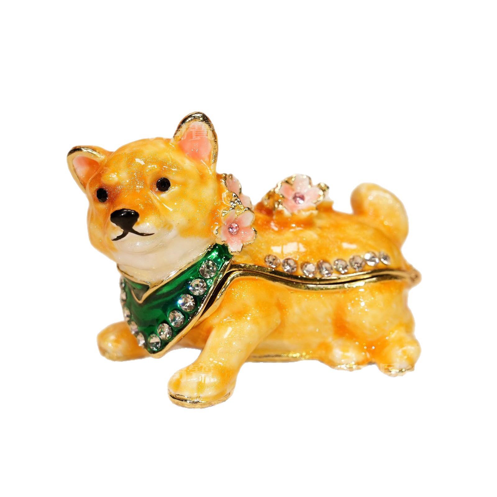 Woedpez Artistic Shiba Inu Figurine Jewelry Box with Crystal and Enameled Detail Storage Container for Rings and Earrings Alloy Dog Shaped Knickknack Box