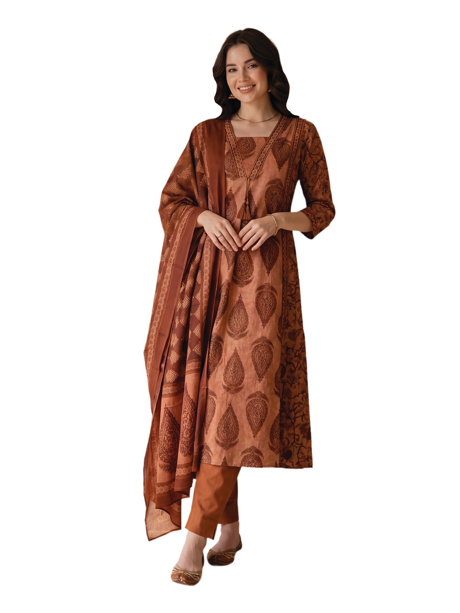 indo era Women's Pure Cotton Geometric Printed Mirror Work Kurta & Pant with Dupatta Set | Suit Set For Women Cotton-picture-34