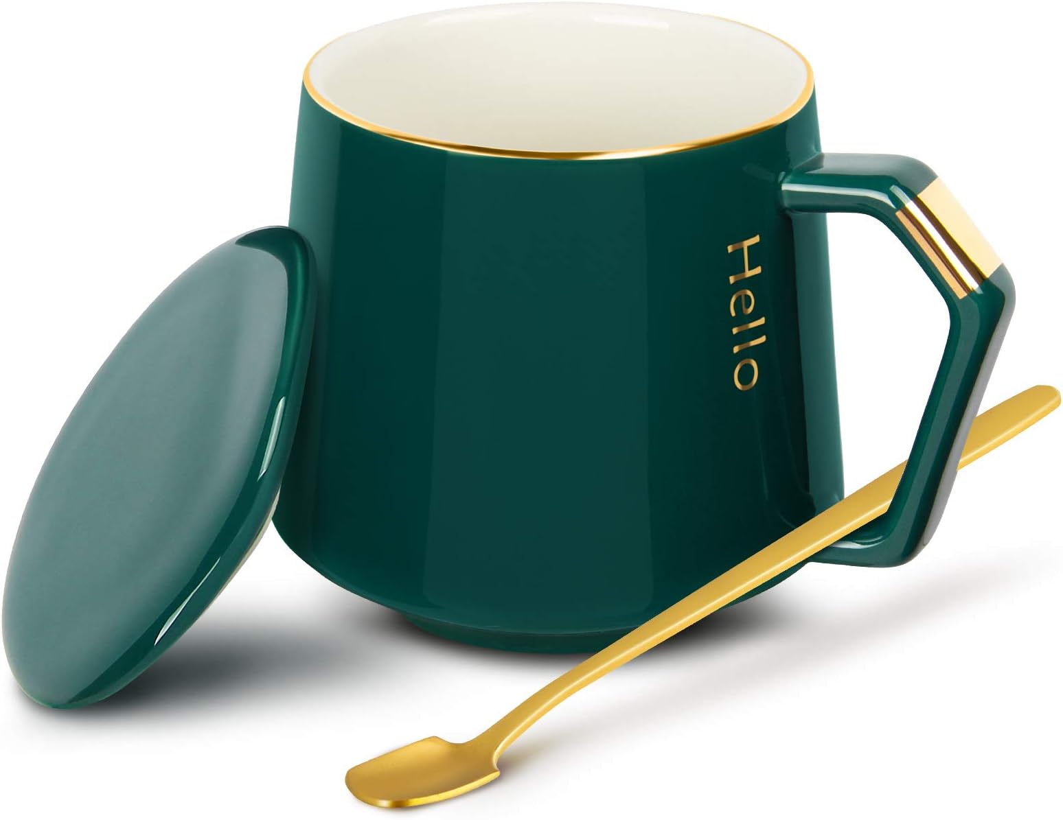 Ceramic Mugs Coffee Mug with Lid Coffee Cup + Stainless Steel Spoon, 12oz/380ml Tea Mug, Great Gift for Birthday/Christmas/Valentine's Day-Green