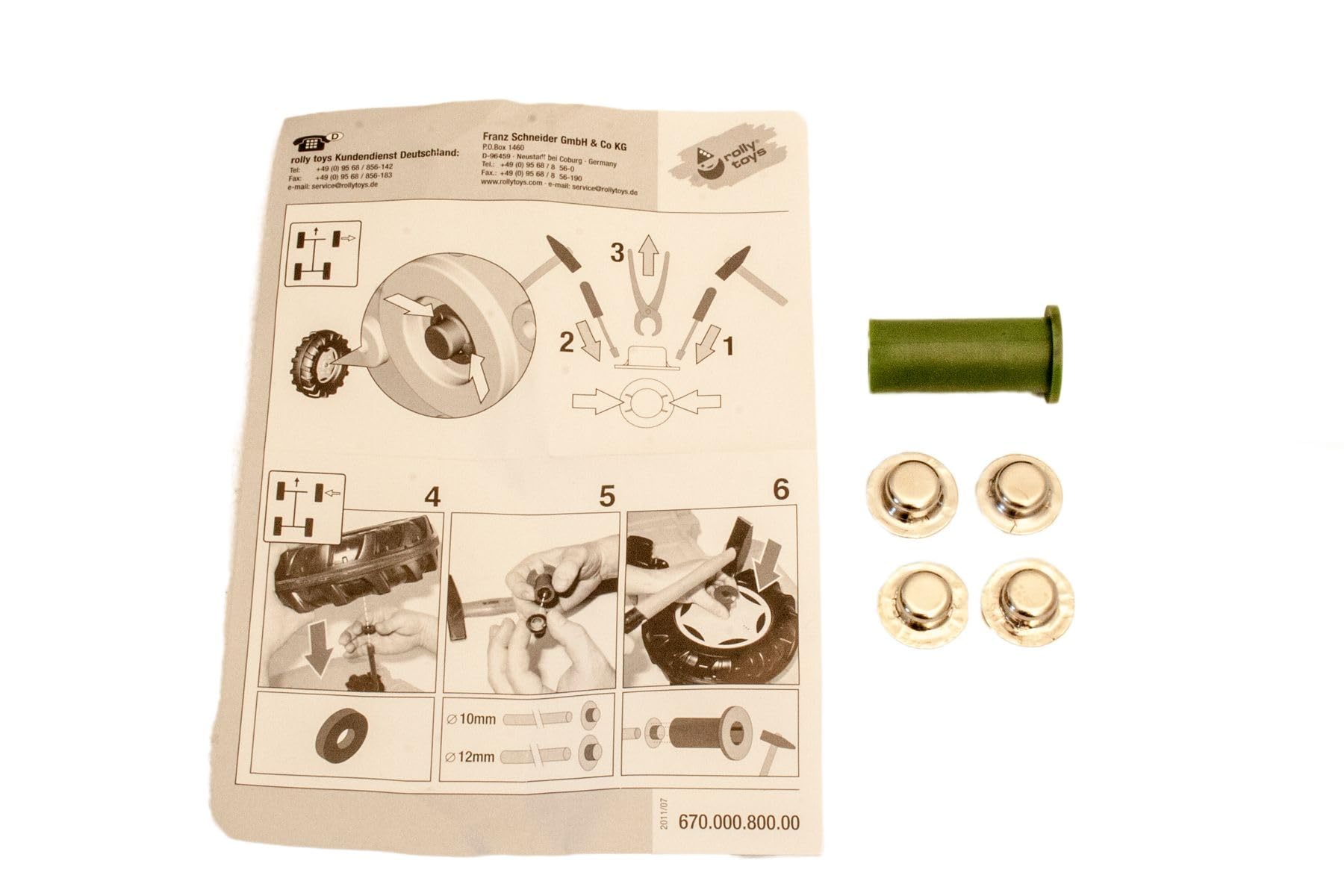 Rolly Toys Ersatzteile Set, Beutel mit 4 Hutkappen 12 mm und Montagehilfe, Zubehör für Rolly Toys X100200120000, grün