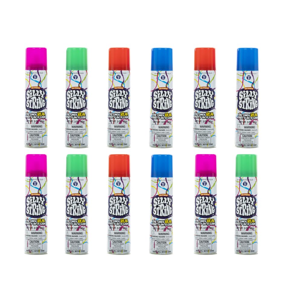 Die originale Silly String! Silly String Party Pack, 12 Stück, verschiedene Farben, 85 g große Dose, die einzige echte Party in einer Dose. Be Silly! Schießt über 4,5 m