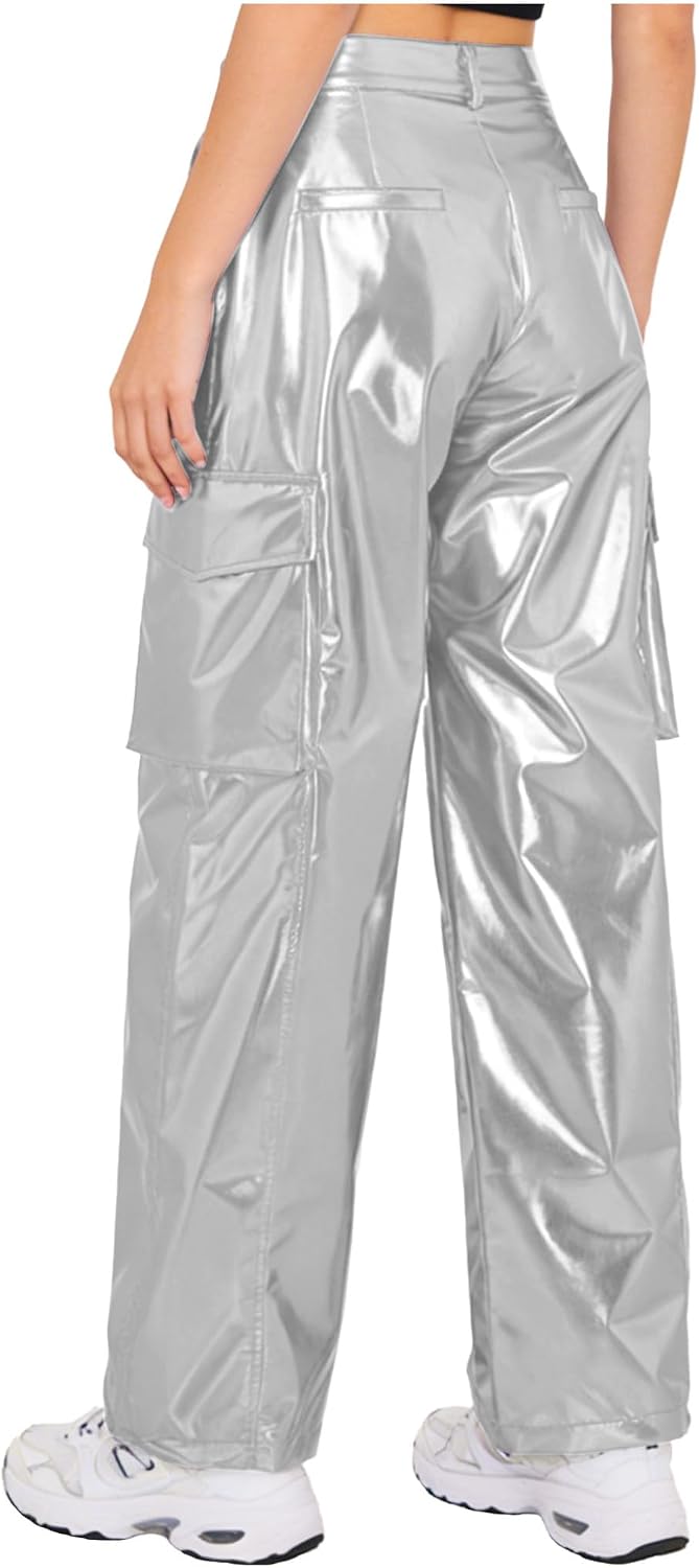 JanJean Womens Metallic Shiny Cargo Pants Baggy Hip Hop Dance Pants Wide Leg Trousers Multi-Pocket Y2k Club Wear