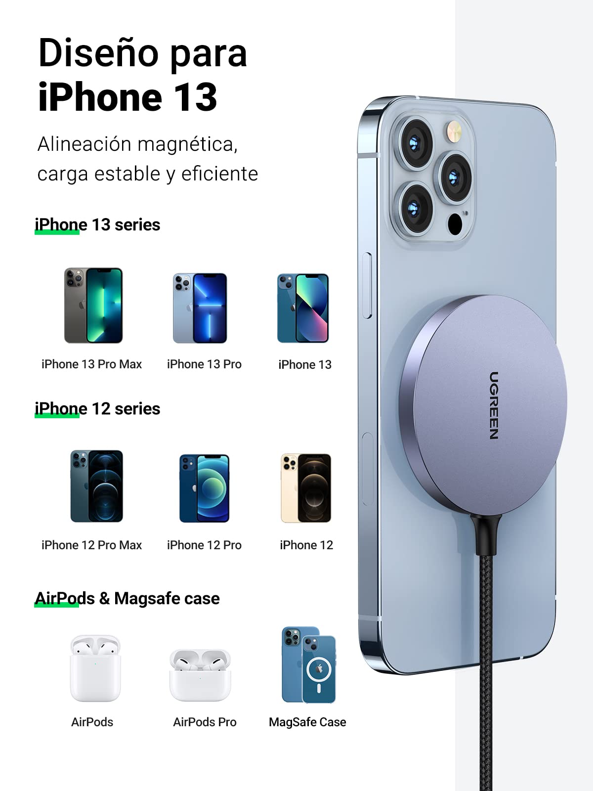 UGREEN Cargador Inalámbrico Magnético Cargador de Inducción Qi Wireless Charger 15W/10W/7.5W/5W Compatible con iPhone 13 Pro MAX Mini 12 Pro MAX Mini Galaxy S21 S20 S10 Note 20 Xiaomi Mi10 AirPods Pro