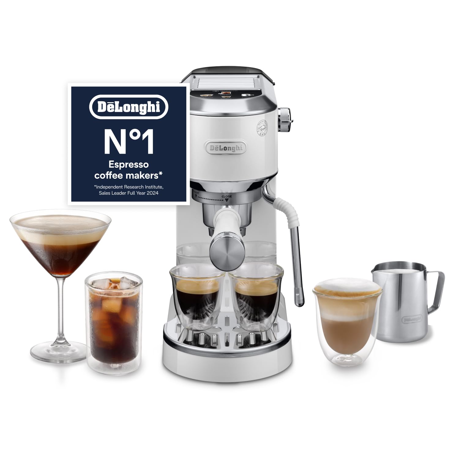 De'Longhi Dedica Duo EC890.WI, Traditional Barista Pump Machine, Cold Brew, Manual Coffee Machine with My LatteArt Steam Wand, 15 cm Wide, 2 Shot, Touch Display, Mug up to 13cm, White