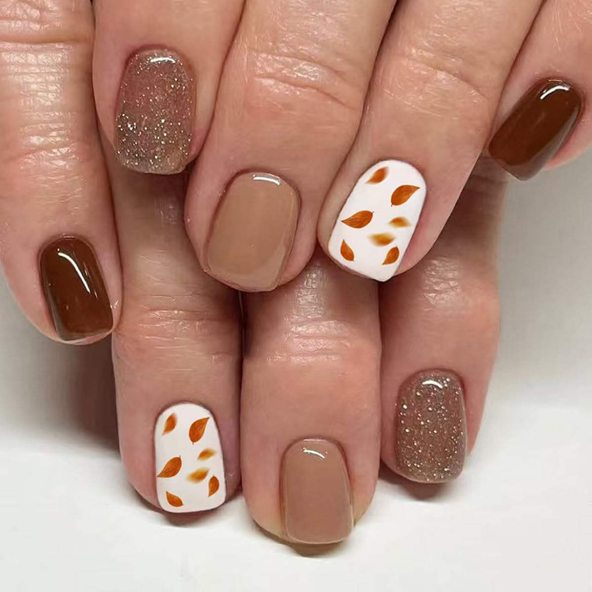 Photo 1 of *2 pack* 24Pcs Spring Press on Nails Short Square Fake Nails with Autumn Leaf Design Brown False Nails Glitter Glue on Nail Thanksgiving Acrylic Nail
