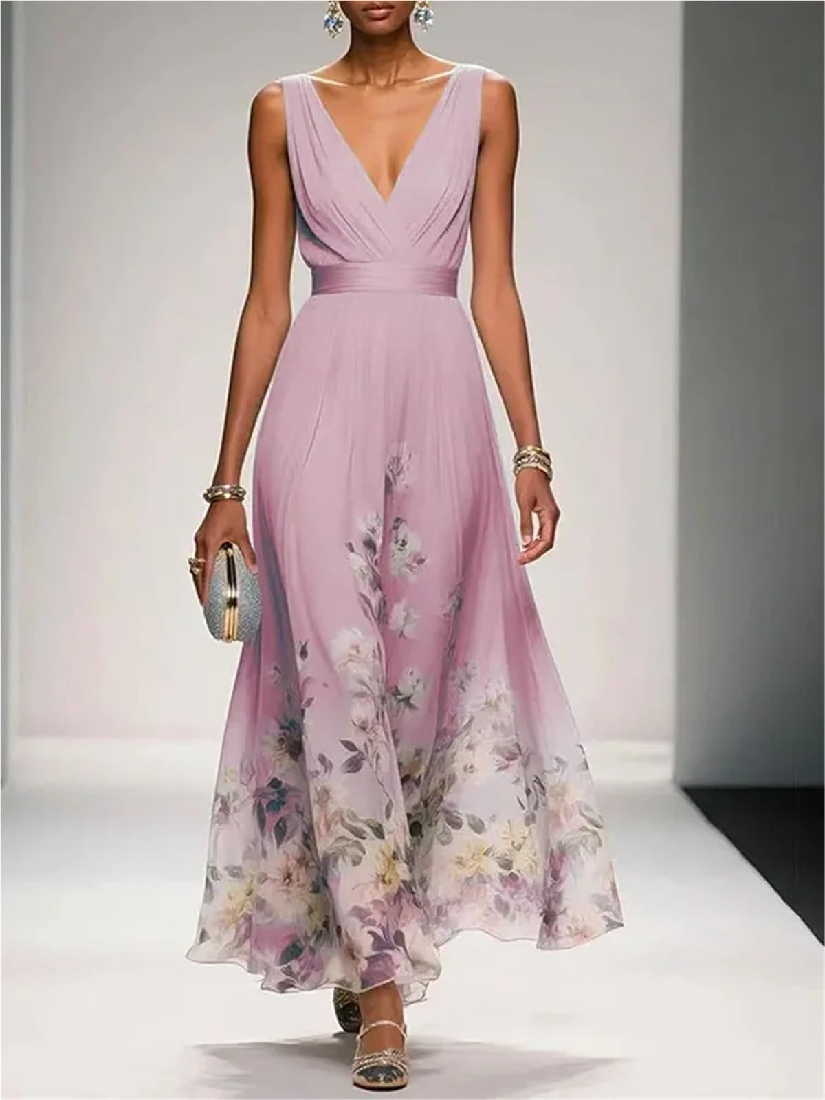 Abiti da Festa con Scollo a V Stampa Floreale Vintage Donna Abito Estivo a Vita Alta Senza Maniche Sexy a Trapezio in