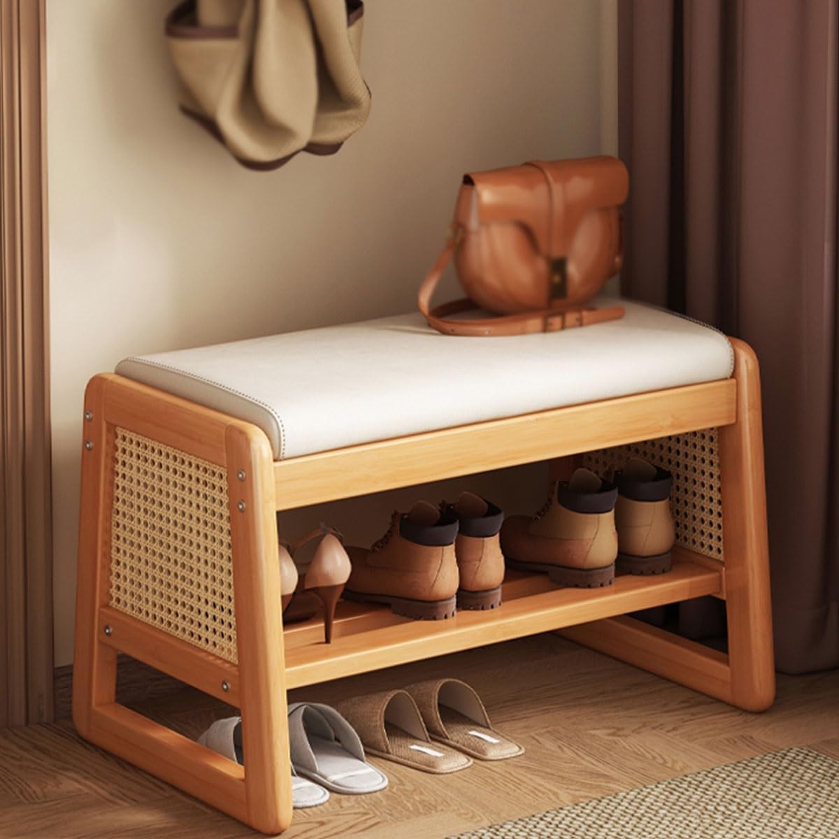 Banc à chaussures avec rangement à 2 niveaux pour optimiser les entrées encombrées