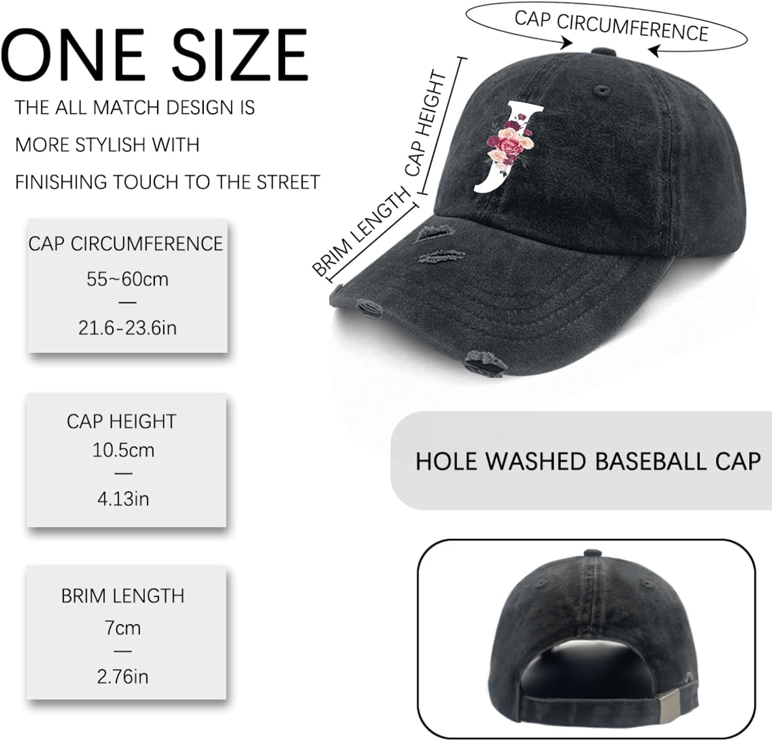 Custom Initial Letter Baseball Cap for Women, Personalized A-Z Monogram Washed Distressed Hat for Mom Gift image 3