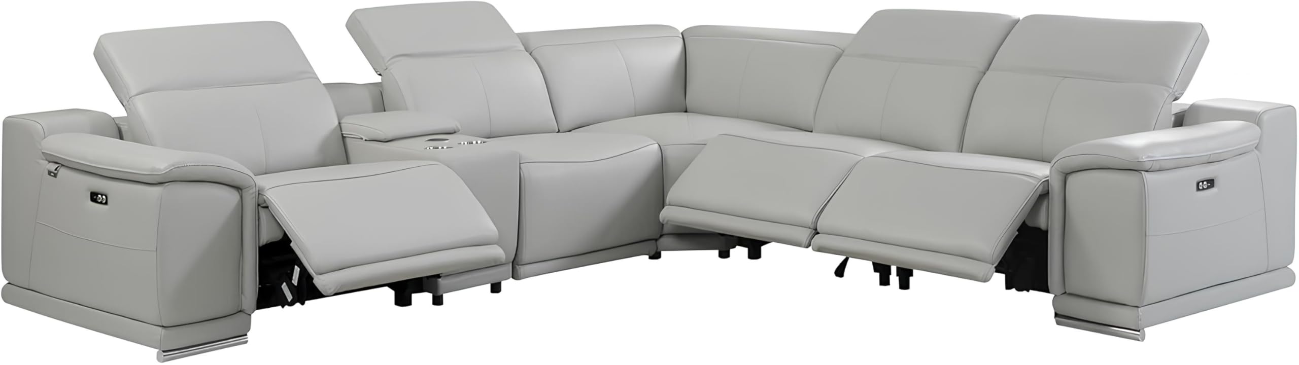 BlackJack Furniture Venice 6 Piece Top Grain Italian Leather Sectional Sofa with 3-Power Recliners, Adjustable Headrest, Lumbar Support, USB &amp; Wireless Charger, Large Storage, 1 Console, Light Grey
