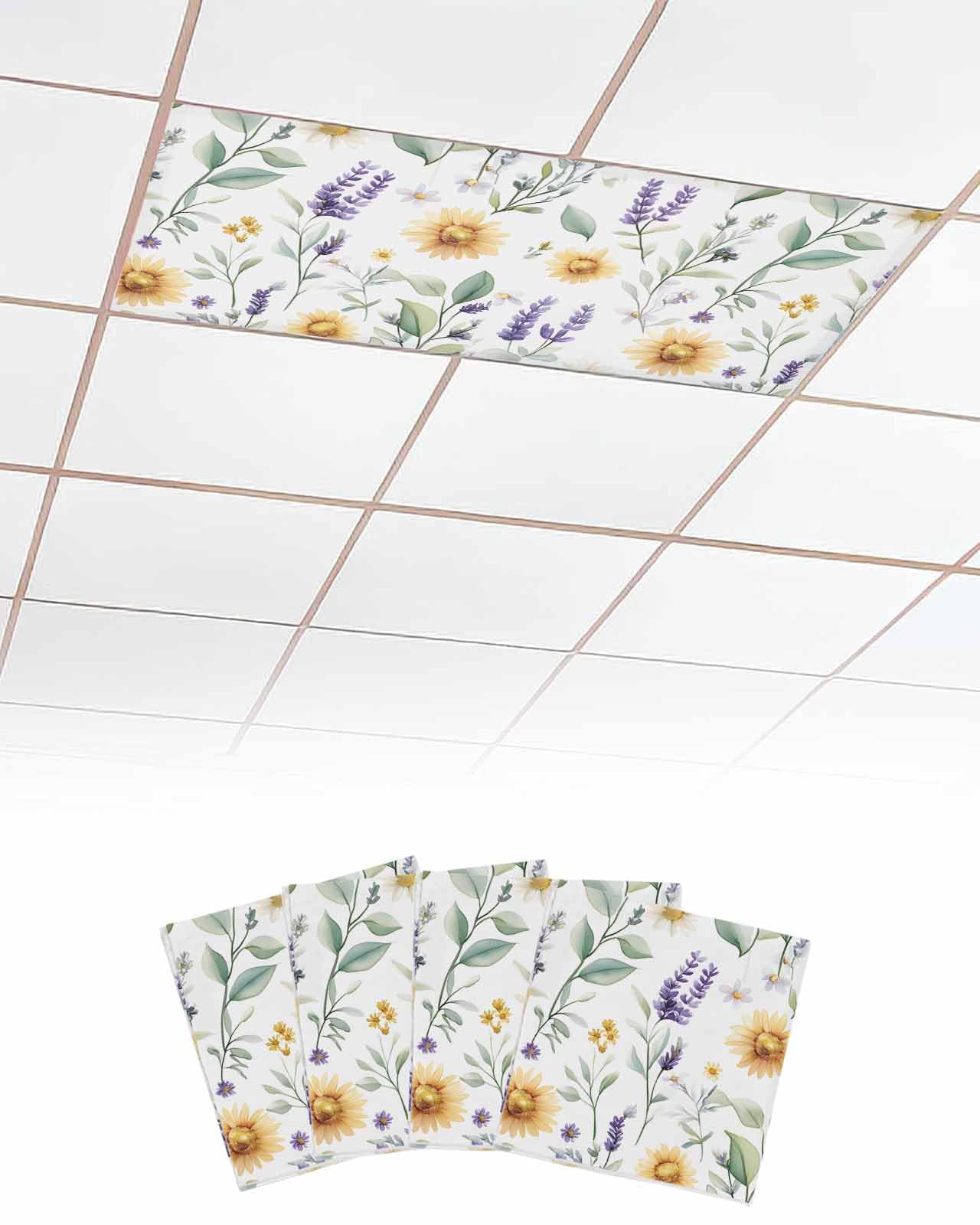 EwdeWwo Plant 4 Pcs Fluorescent Light Covers for Ceiling Lights, Spring Sunflower Lavender Magnetic Light Filters for Eliminate Harsh Glare Classroom Office Decoration, 4 x 2 Ft