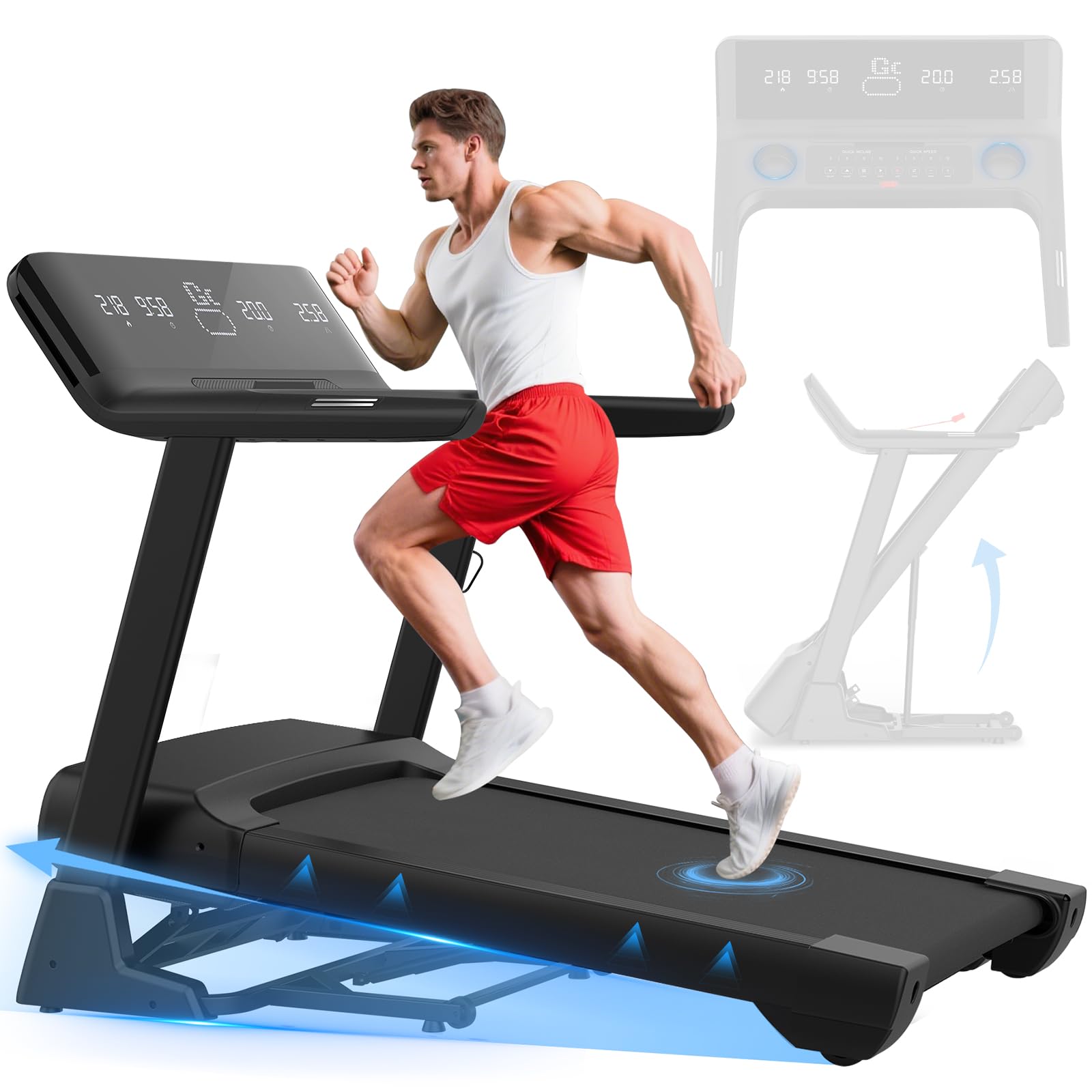 Cowmew Tapis Roulant con Inclinazione 20%,1-20 km/h 7CV App-Compatibile | Tapis Roulant Pieghevole con Ampia Superficie di Corsa, Carico 200KG, Display LCD, Sensore di Pulsazioni per Casa
