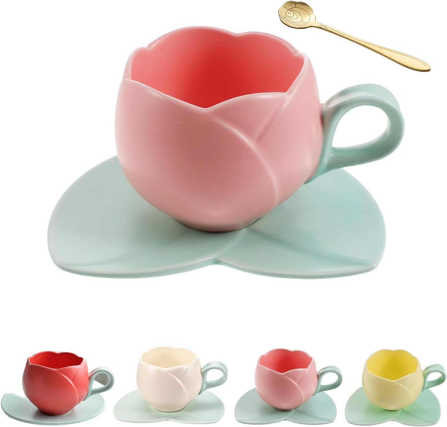 Taza Creativa de Tulipán, Café de Cerámica con Posavasos y Cuchara Incluida - Rosa enano