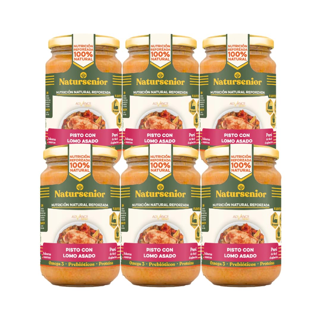 Natursenior - Comida Triturada para Personas Mayores - Pack Puré de Pisto con Lomo Asado - 100% Natural, Omega 3, Fibra, Proteína - 6 uds x 340g