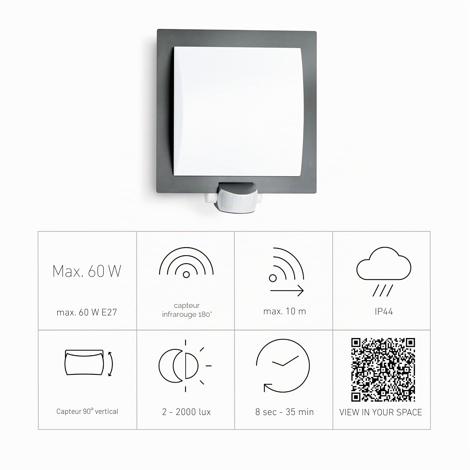 Steinel Luminaire extérieur L20 avec détecteur de mouvements à 10 m - Applique murale 60W avec capteur de présence - Lampe extérieure élégante gris anthracite