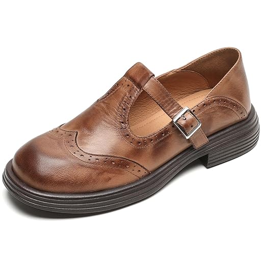 U-lite Mary Jane Oxfords for Women,Wingtip Brogue,T-Strap Soft Leather Retro Loafer Shoes, Low Heels Round Toe Dressy Business Office Shoes with Buckle