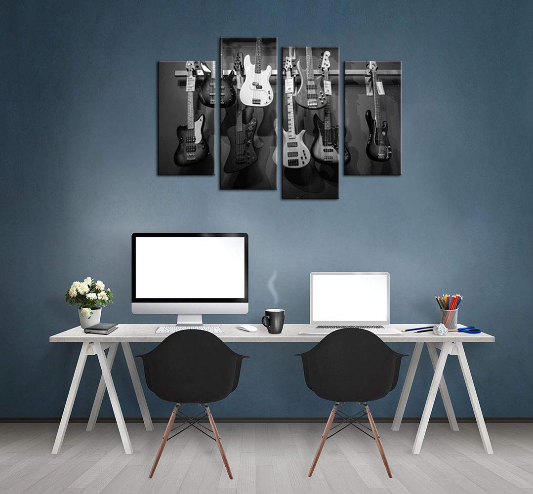Artsbay Stampa su tela artistica da parete in bianco e nero per chitarra su tela moderna strumenti musicali poster per ufficio camera da letto ragazzo decorazione allungata pronta da appendere, grande