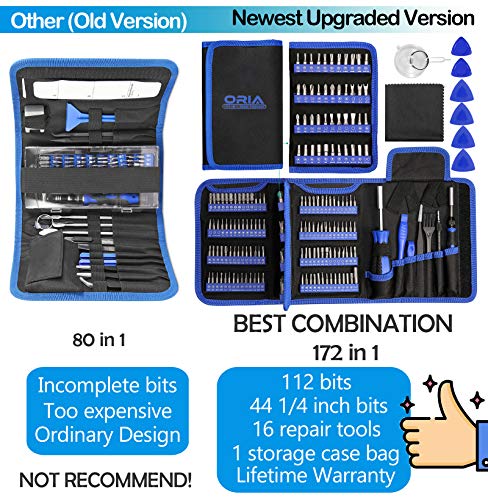 ORIA Precision Screwdriver Set (Newest) 172 in 1 with 112 bits and 44 1/4 Inch Bits Repair Tool Kit Magnetic Screwdriver Kit with Portable Bag for Electronics Computer PC iPhone Jewelers Game Console