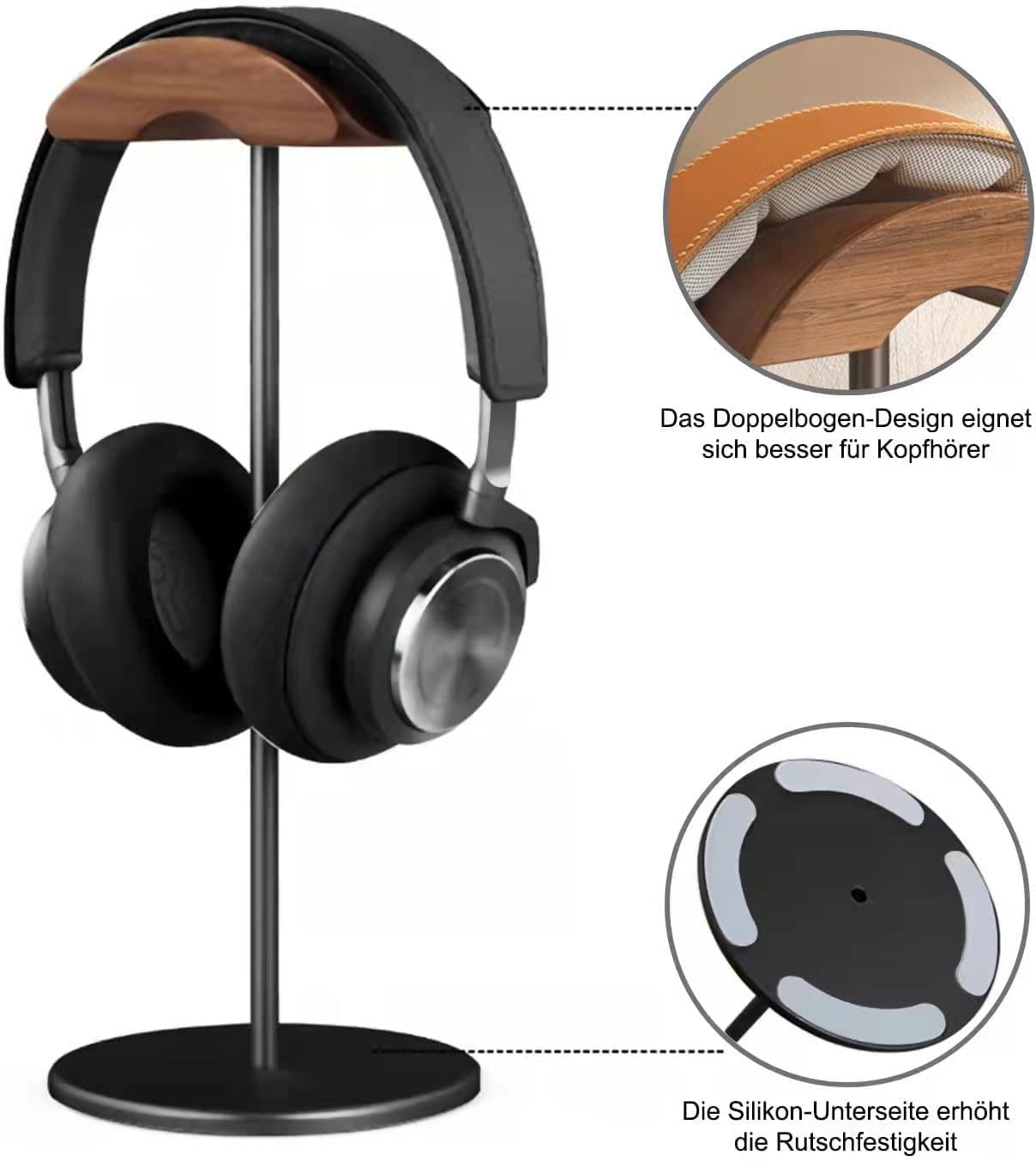 GGF Kopfhörer Ständer Headset Halterung aus Hochwertigem Walnussholz& Aluminium,Headset Ständer mit Anti-Rutsch Schwerer Basis,Kopfhörer Halter Geeignet für Tisch and Vitrine