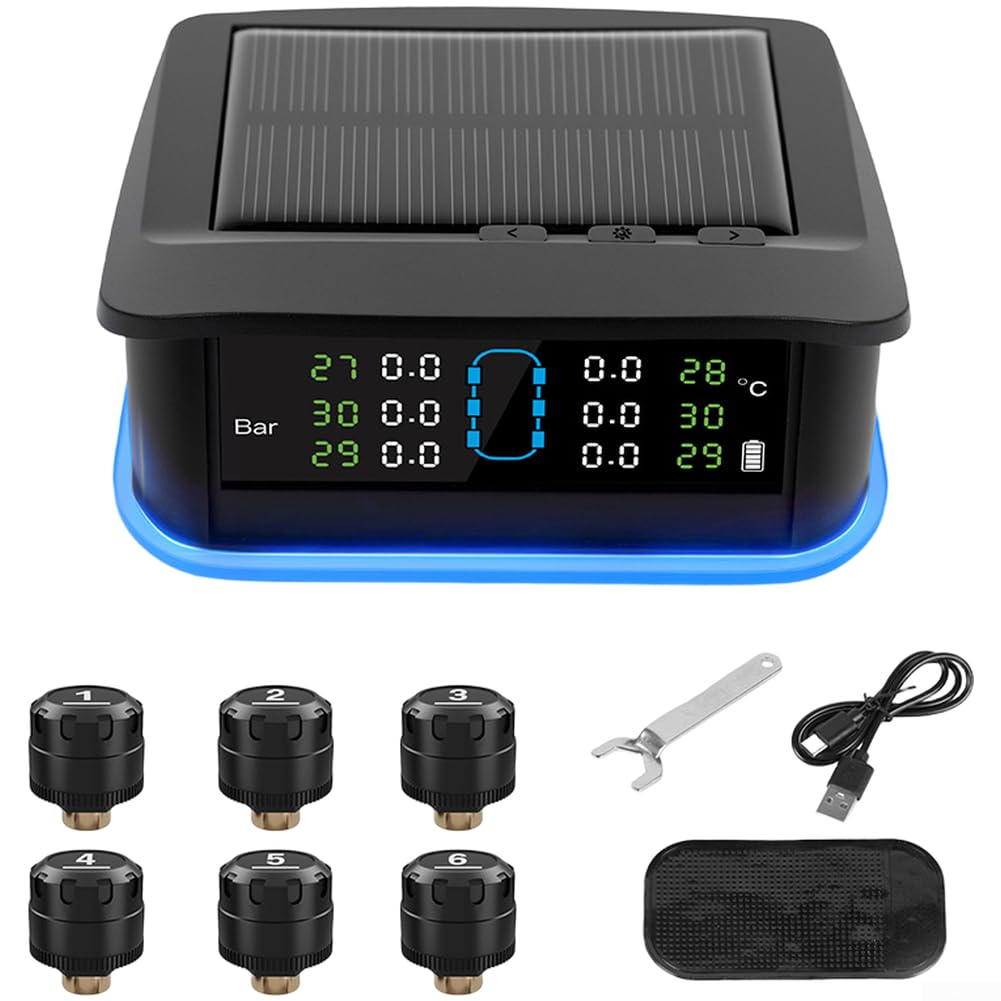 ReachMall Kabelloses TPMS Reifendruckkontrollsystem mit Echtzeit-Temperaturanzeige und Solarladeeinheit (externe 6 Räder)