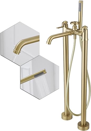 Bathfinesse Grifo de bañera independiente dorado para montaje en suelo con ducha de mano de dos asas de dos pies de alto caudal, grifo mezclador de