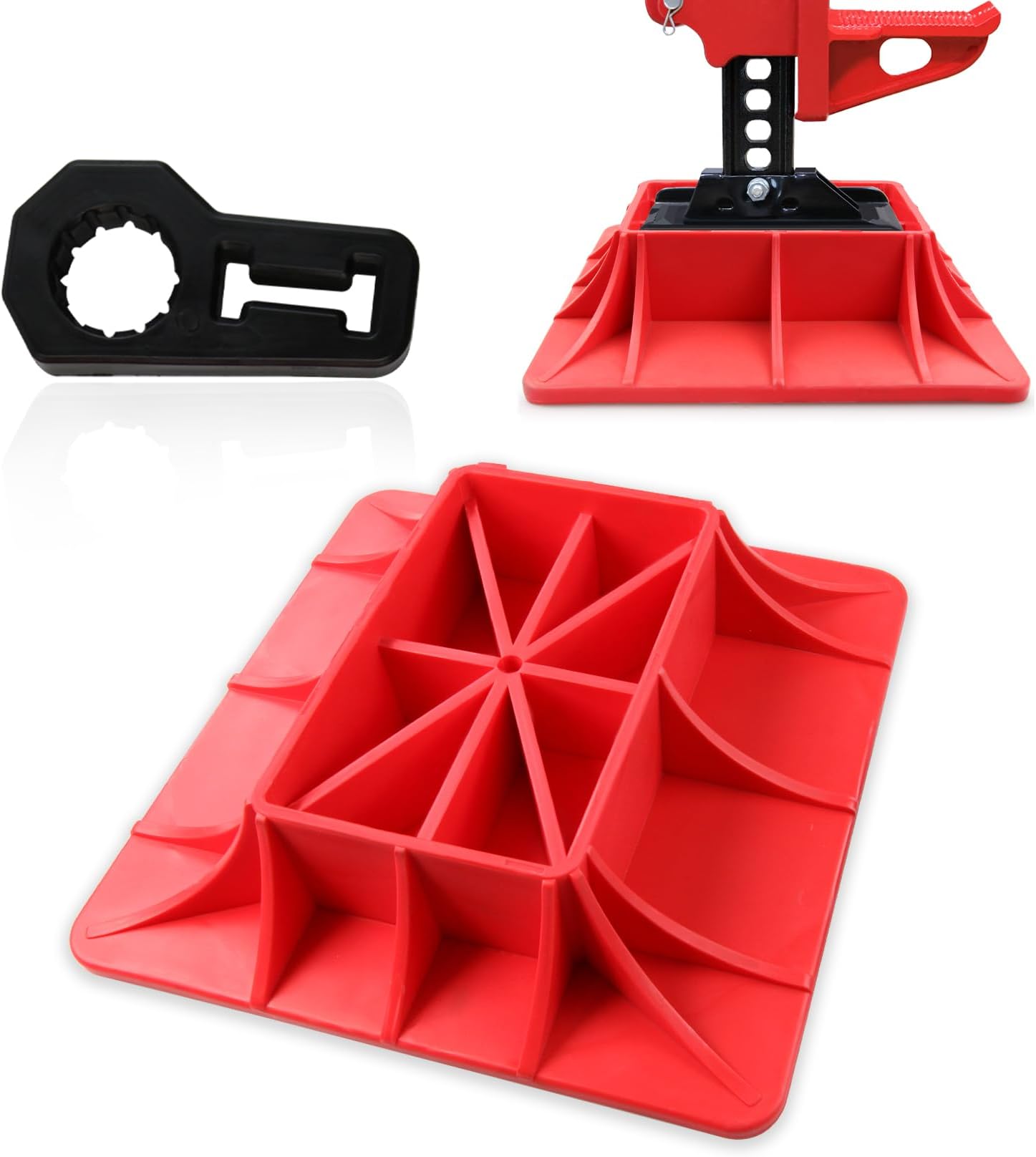 C&T Jack Base and Handle Keeper Compatible with Hi Lift Jack Accessories Handle Bar Protector,2 Piece,Off Road Base,Red & Black,Alleviate Jack Hoisting Sinkage