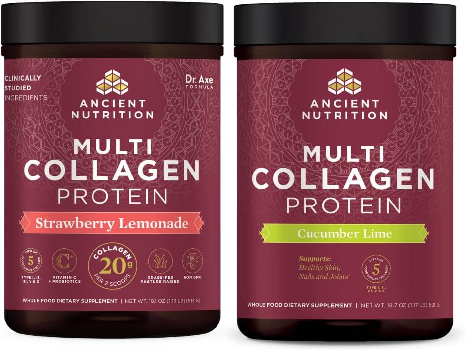 Ancient Nutrition Multi Collagen Protein Powder, Strawberry Lemonade, 45 Servings + Multi Collagen Protein Powder, Cucumber Lime, 45 Servings