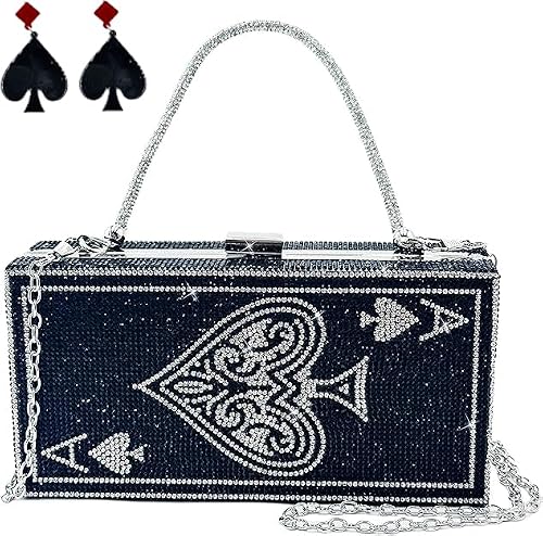 pearl&she Crystal Evening Bag Casino Vegas Novelty Ace of Spades Black Hearts Rhinestone Purses Poker Playing Cards Handbags Bling Clutch Gift.