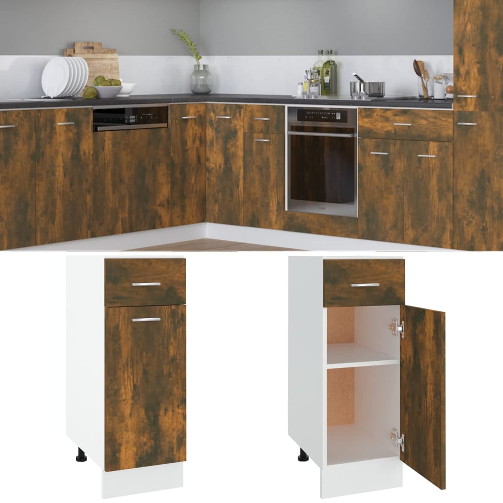 Homgoday Armario inferior de cajón de roble ahumado, 30 x 46 x 81,5 cm, madera de ingeniería, armario de cocina, armario lateral de almacenamiento, mueble de comedor, equipo de cocina, armario de