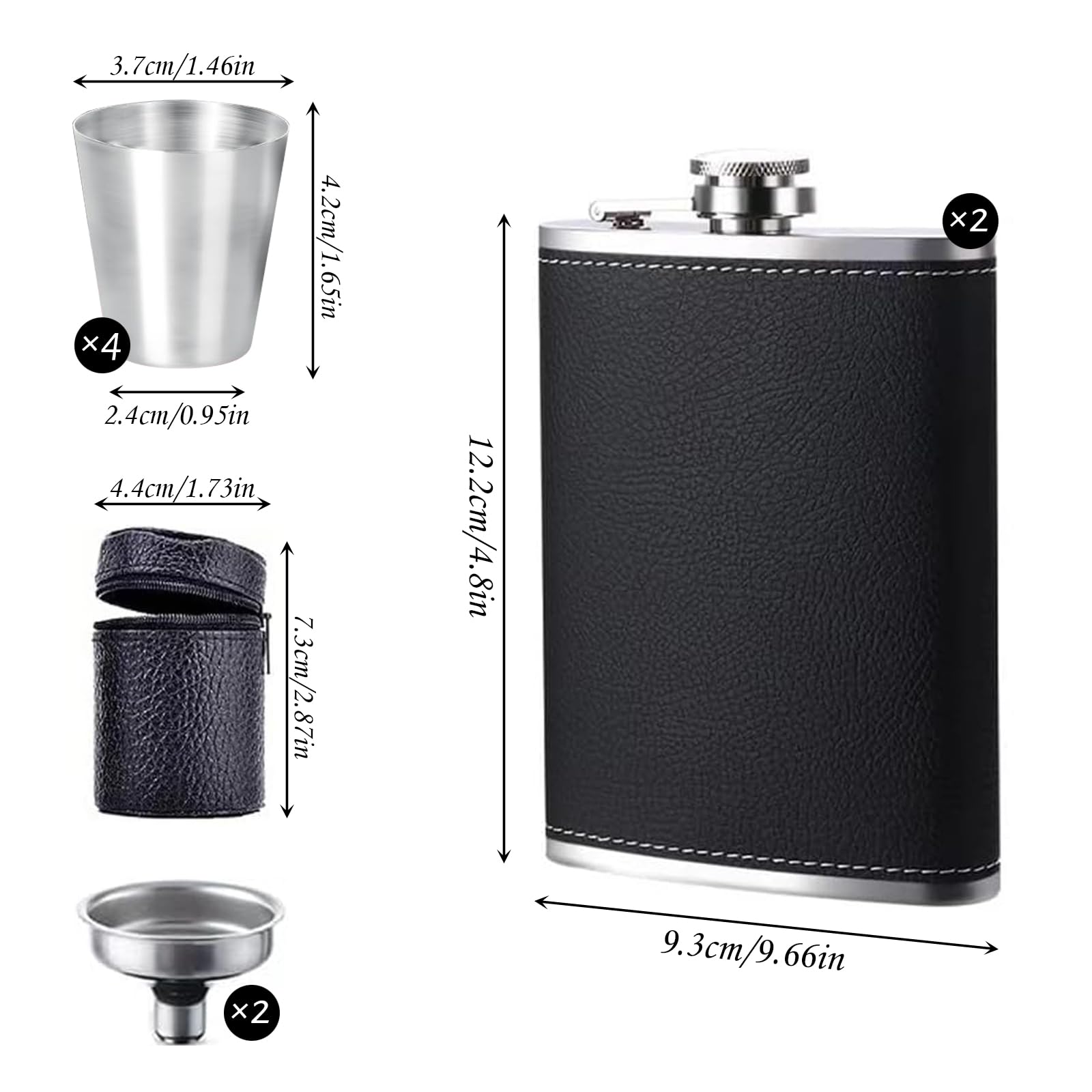 DALAETUS 2 Pezzi 8Oz Fiaschetta in Acciaio Inox Kit con 2 Imbuto Fondina e 4 Bicchieri Vino e 1 Custodia Pelle Cerniera, Fiaschetta, Fiaschetta Whisky per Aperto Campeggio Uomo Regalob