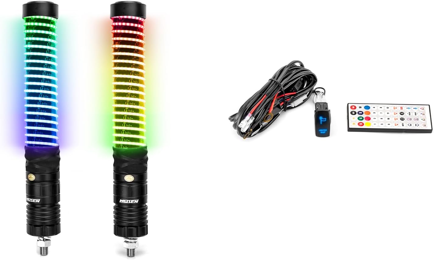 WeiSen 2PCS 1FT Fat COB Whip Light & Whip Light Wiring Harness Kit, Spiral RGB Chasing Lighted Whips with Plug & Play Rocker Switch Compatible with Polaris RZR Ranger Maverick X3 UTV ATV