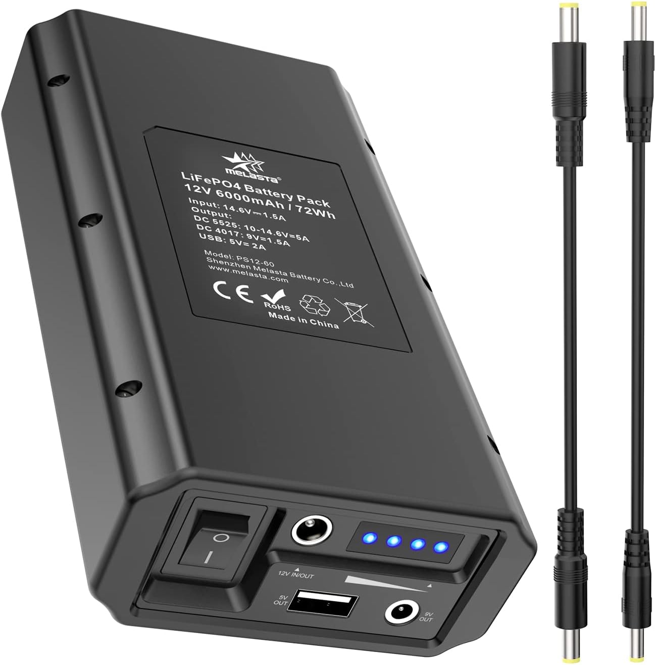 melasta 12V LiFePO4 Battery Pack, 6000mAh Rechargeable Lithium ion Phosphate Battery Power Bank with 12V 9V DC and 5V USB Output, for LED Light Strip CCTV Camera Telescope Mobile (Without Charger)