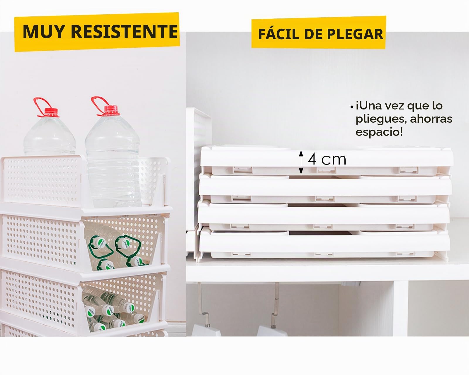 Organizador de Armario Apilable. Pack de 4 Cajas de Almacenaje para Ropa. Cajoneras de plástico plegable. Cajas Organizadoras Ahorra Espacio. (L-44x34x18,5)