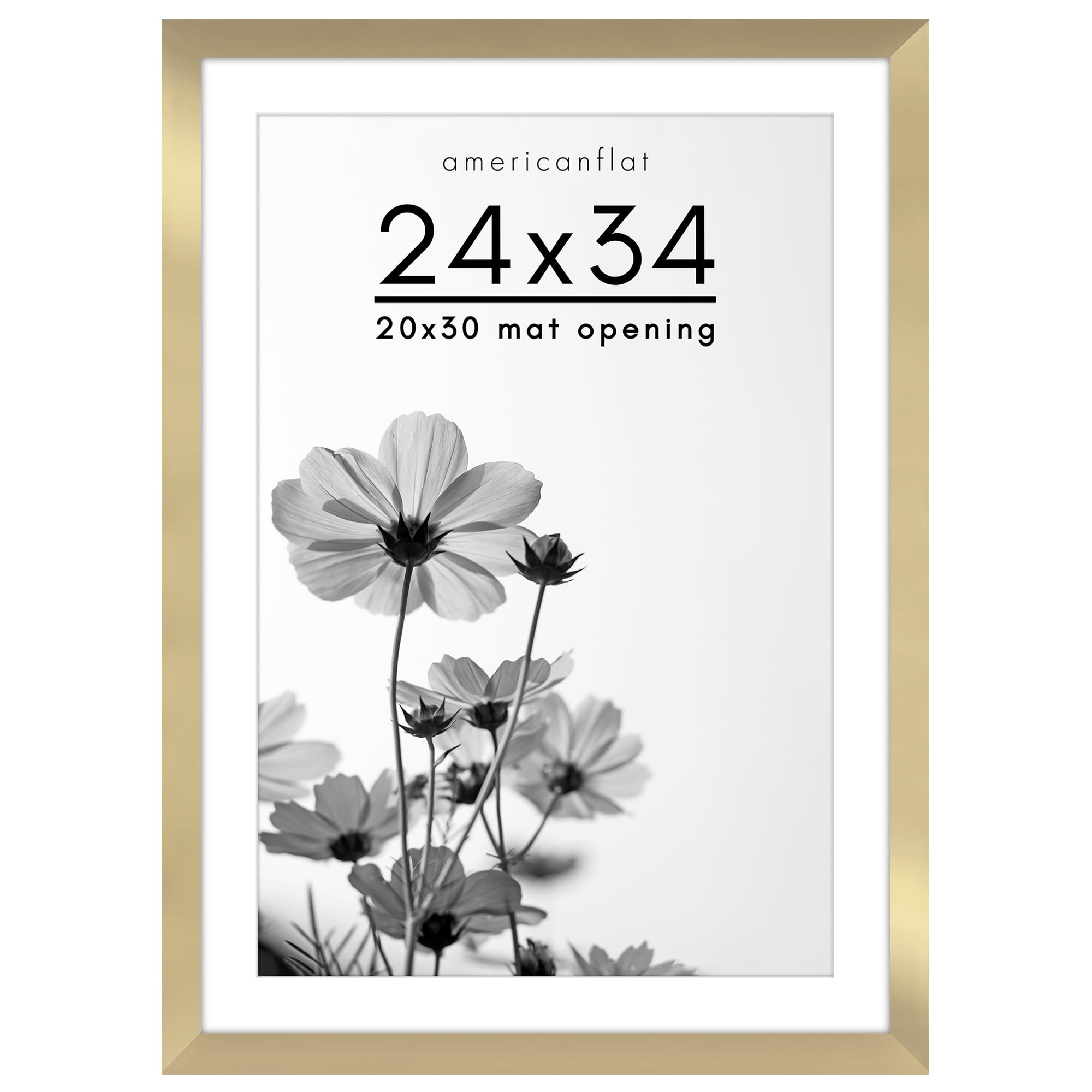 Americanflat 24x34 Poster Frame in Gold - Use as 20x30 Picture Frame with Mat or 24x34 Frame Without Mat - Wide Engineered Wood Frame, Plexiglass Cover, and Hanging Hardware for Wall