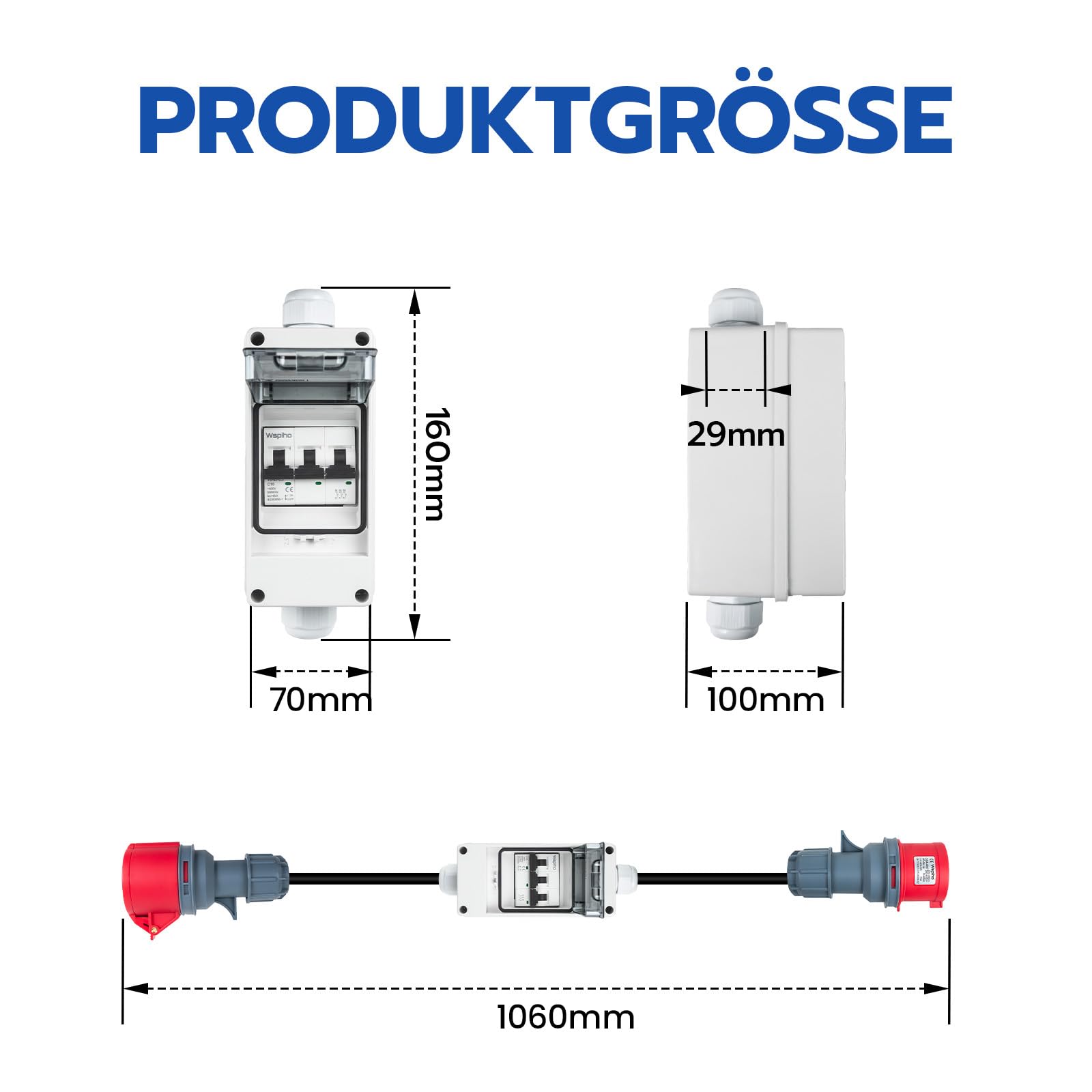 Adaptador CEE de 32 A a 16 A 230 V con interruptor de protección, IP44 5 pines macho y acoplamiento con cable de extensión CEE de 2,5 mm²